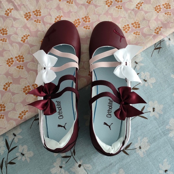Puma Shoes - Puma Girls Burgundy, Pink & White Mary Jane Flats with Bows